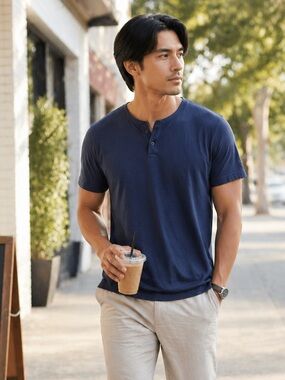 Public Rec Navy Pima Cotton Tencel Short Sleeve Henley Shirt Top Size XL Casual
